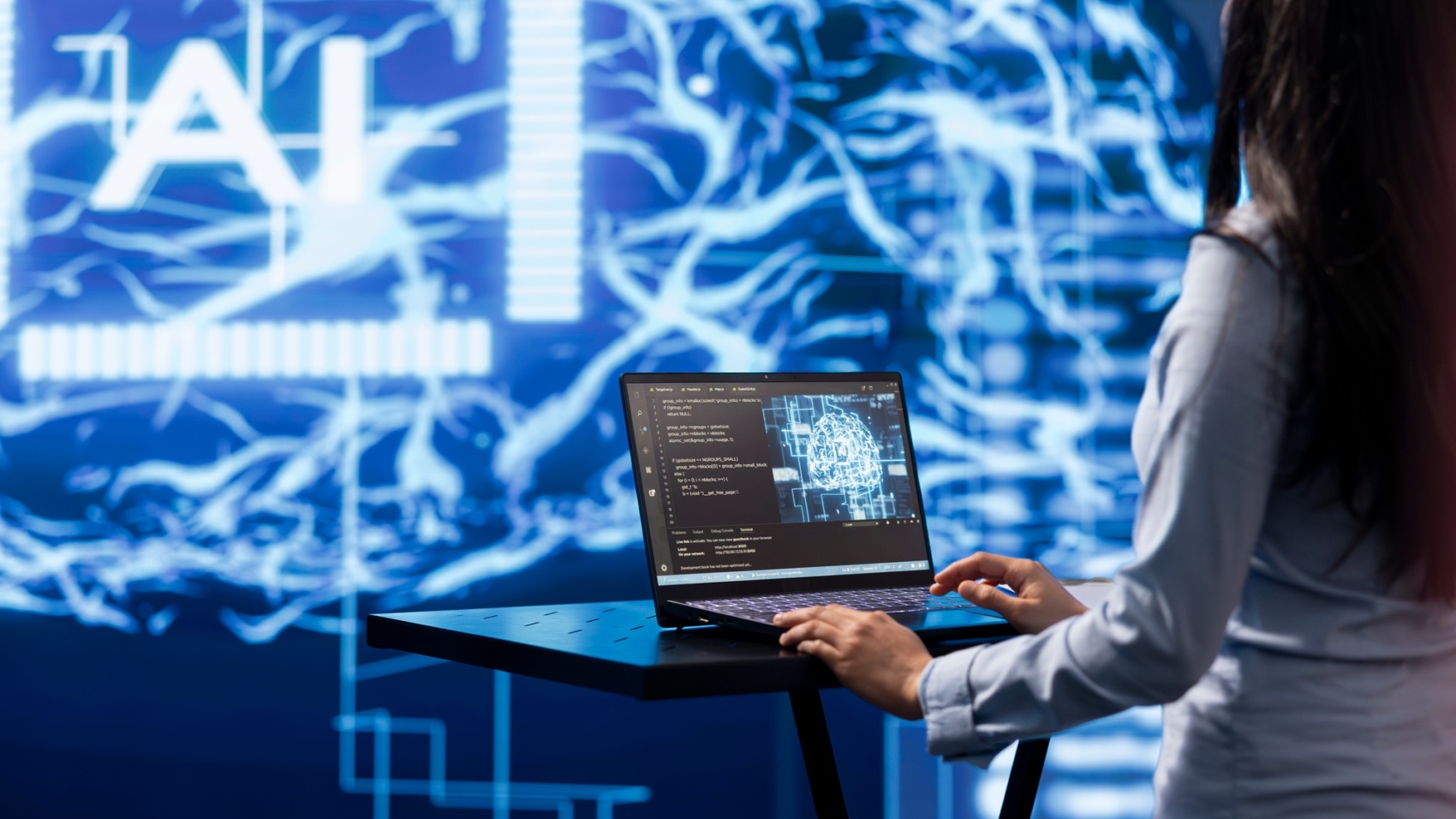 AI computer scientist using notebook for business data analysis