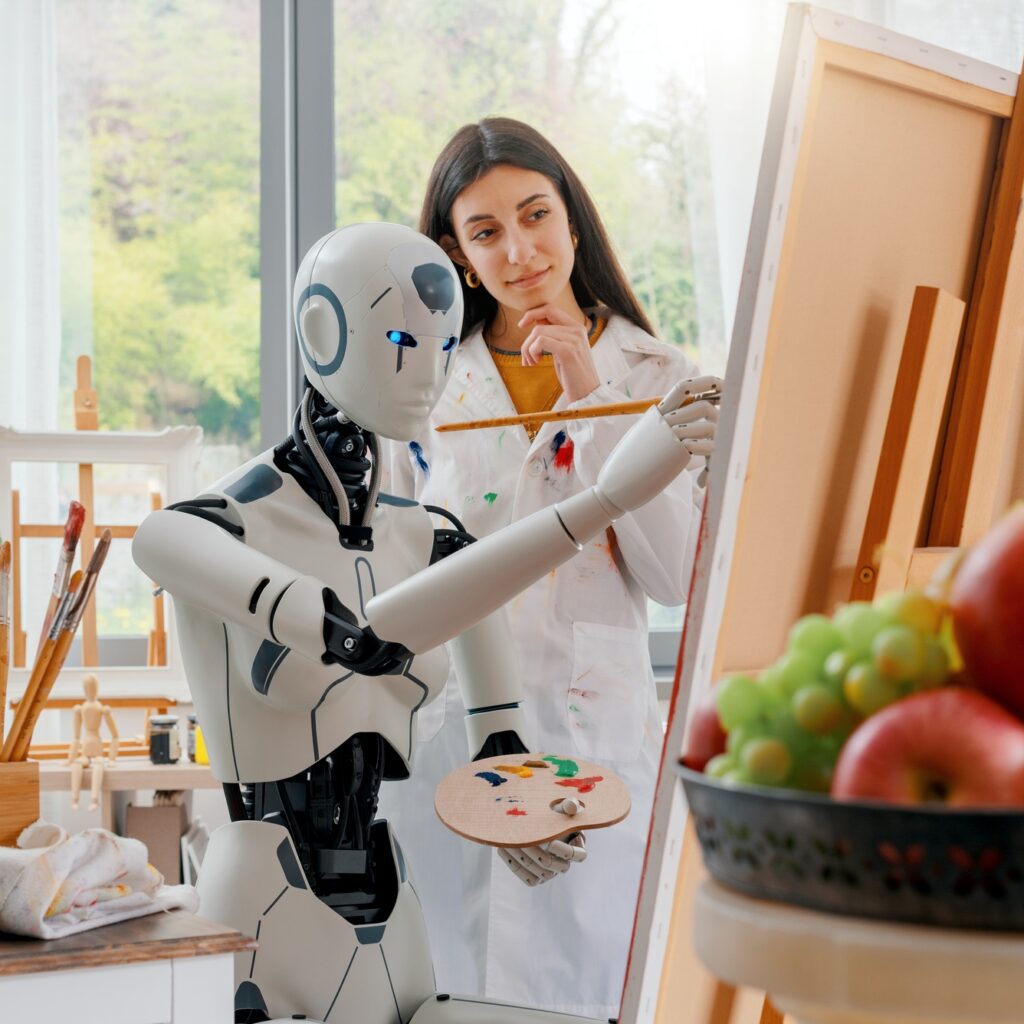 Creative AI robot learning how to paint on canvas