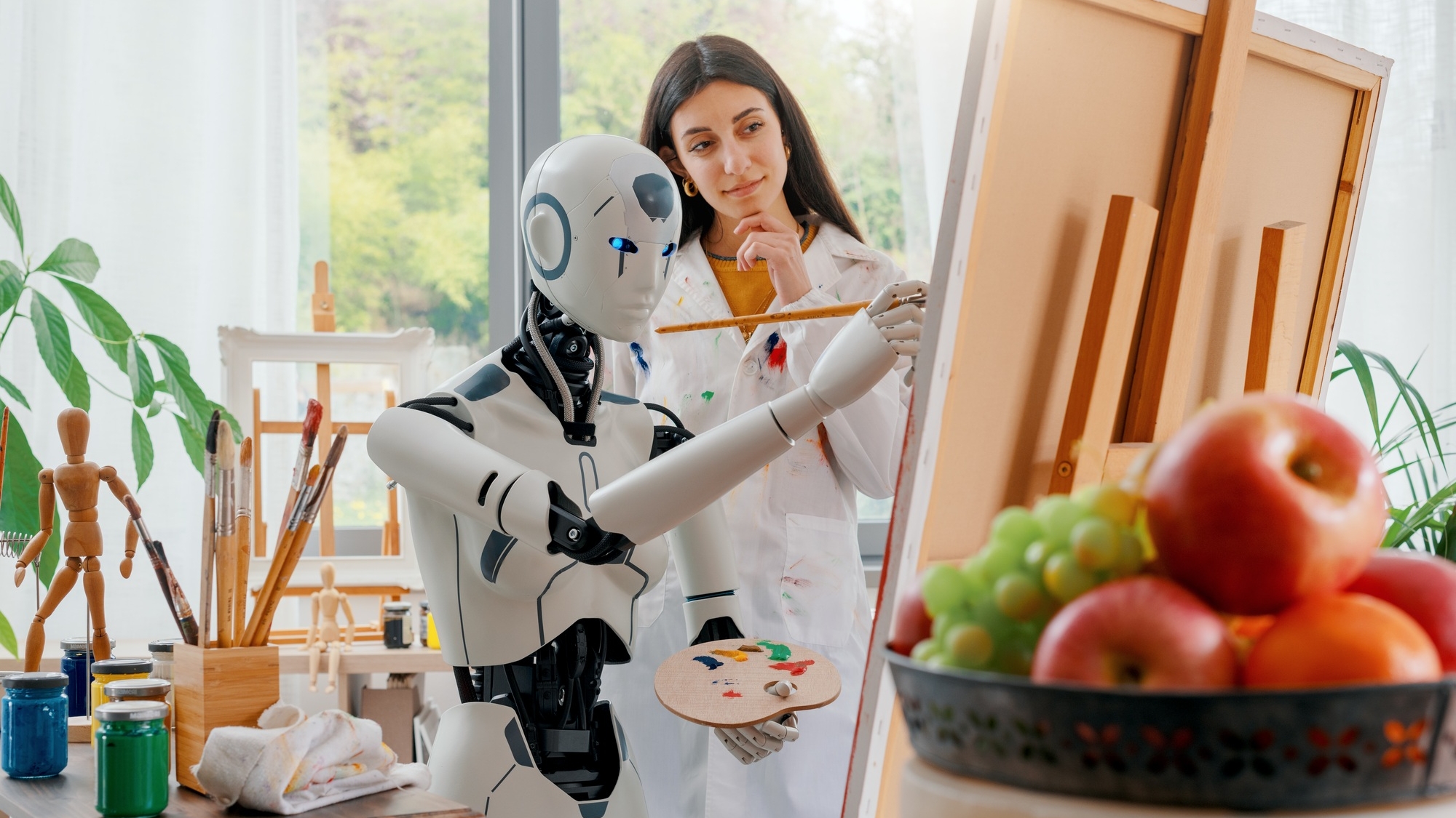 Creative AI robot learning how to paint on canvas