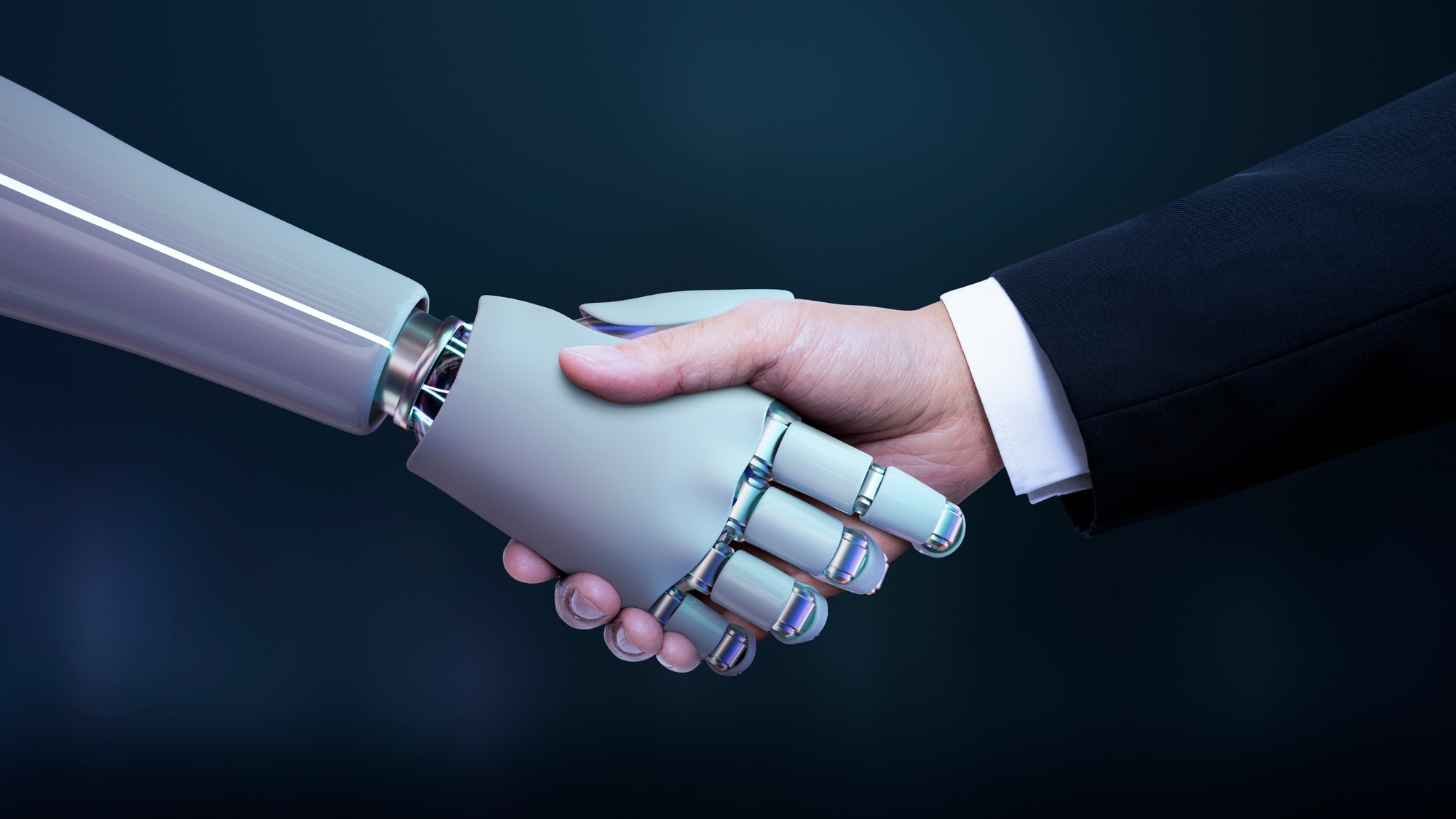 Business hand robot handshake, artificial intelligence digital transformation