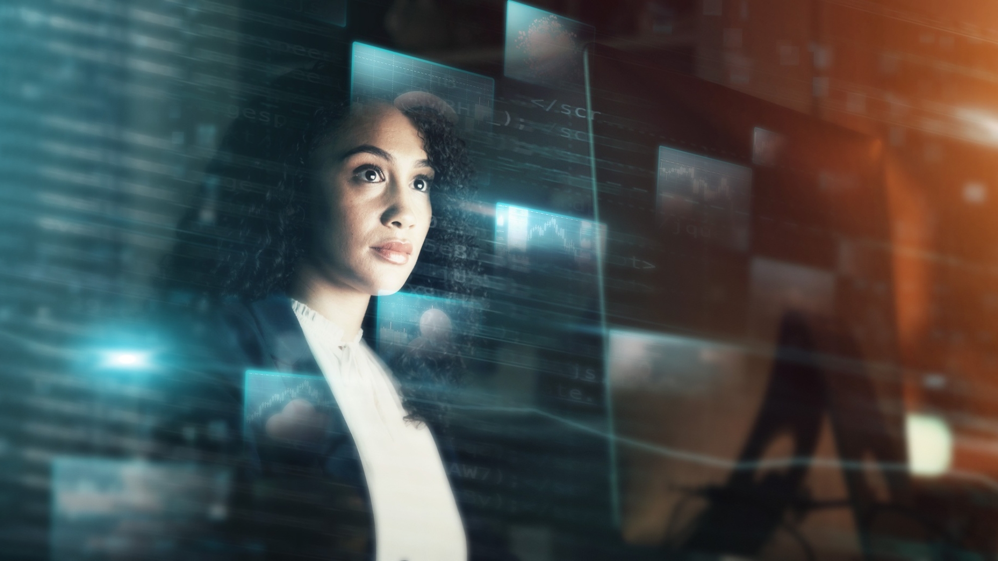 Futuristic, AI and business woman, iot and connectivity, cyber data overlay and technology innovati