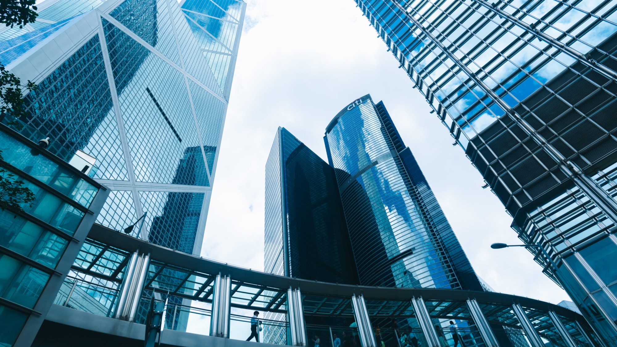 skyscraper building in Hong Kong, city view in blue filter