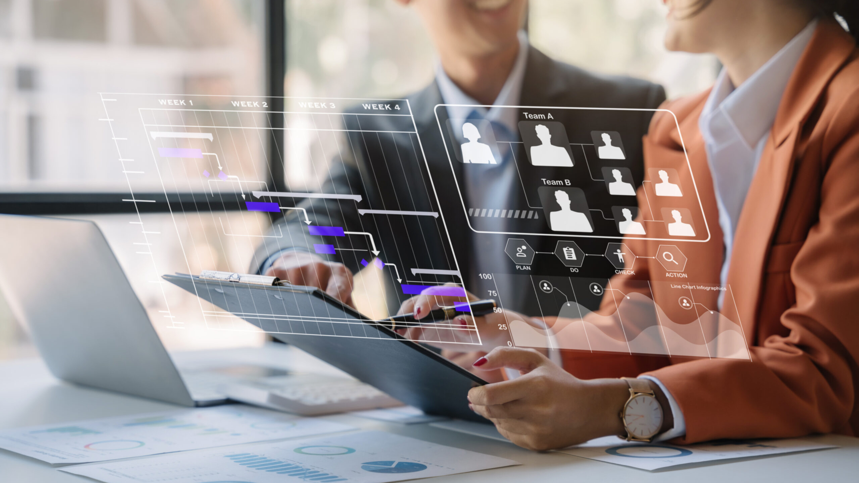 Business team hand Project manager working and update tasks and Gantt chart scheduling virtual diagram with tablet and laptop in office.